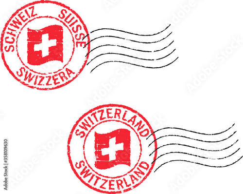 Two grunge  postal stamps 'Switzerland'. German, italian,french and english inscription.
