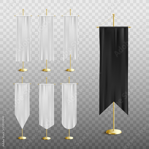 Black and white medieval pennant banner set with realistic silk flags