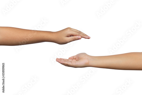 Hand show holding something on the palm isolated on white background. Clipping path included