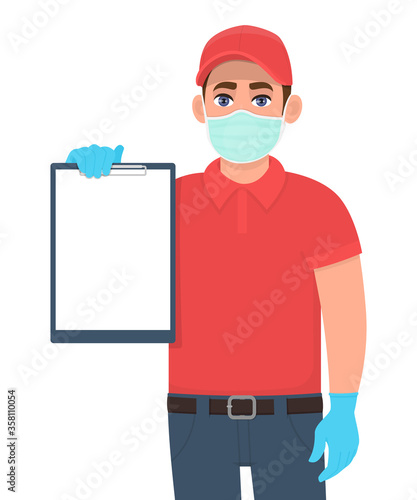 Delivery person or courier in mask and gloves showing blank clipboard. Man holding note pad. Male character design. Corona virus epidemic outbreak. Safety shopping service during quarantine. Vector