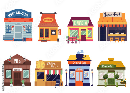 Set of restaurant and cafe building facades flat vector illustration isolated.
