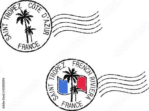 Two postal grunge stamps 'Saint Tropez'. French and english inscription.