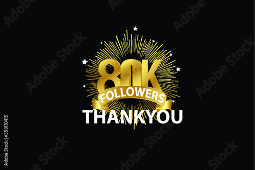 80K 80.000 Followers anniversary  minimalist logo years  jubilee  greeting card. invitation. Sign Ribbon Gold space vector illustration on black background - Vector