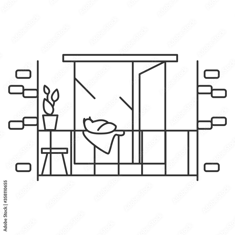 Balcony icon. Balcony with chair, plant decoration and pet cat. Concept line pictogram for modern home decoration, interior design, domestic life and lifestyle. Editable stroke vector illustration Balcony icon. Balcony with chair, plant decoration and pet cat. Concept line pictogram for modern home decoration, interior design, domestic life and lifestyle. Editable stroke vector illustration