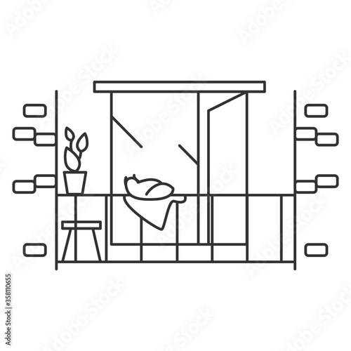 Balcony icon. Balcony with chair, plant decoration and pet cat. Concept line pictogram for modern home decoration, interior design, domestic life and lifestyle. Editable stroke vector illustration