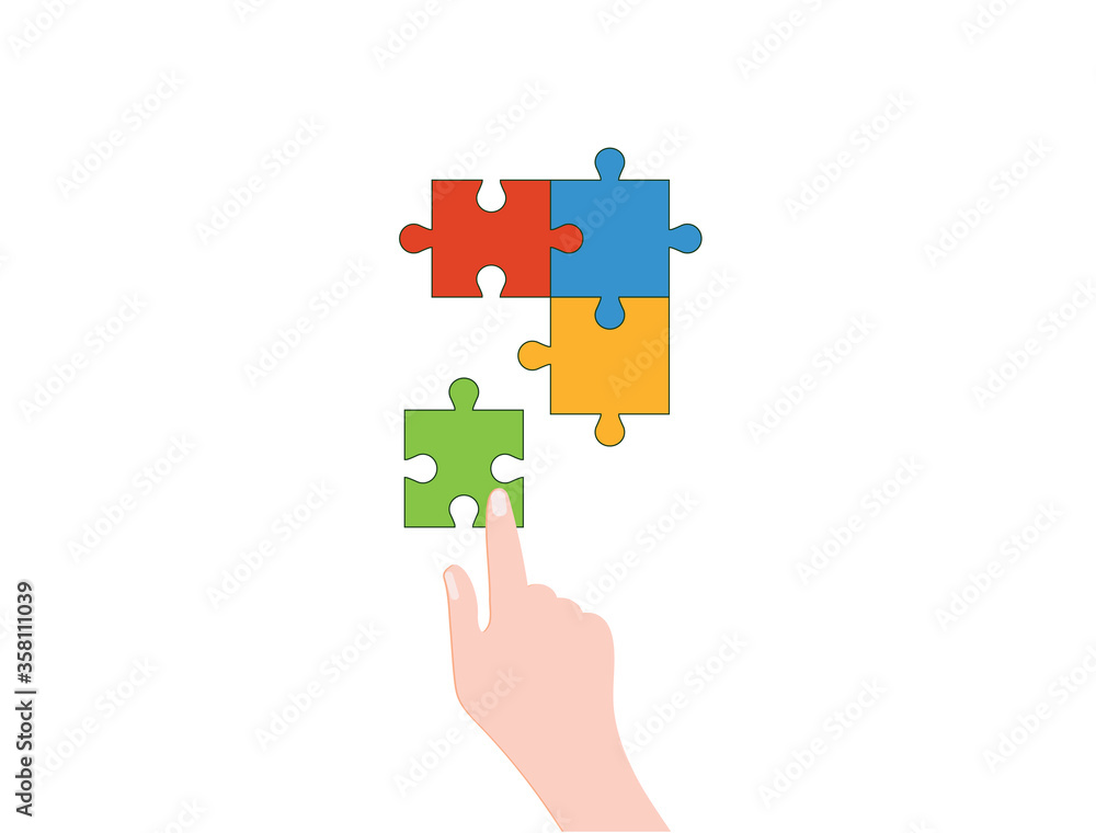 A hand holds a piece of the puzzle on a white background. A hand holds a piece of the puzzle on a white background.