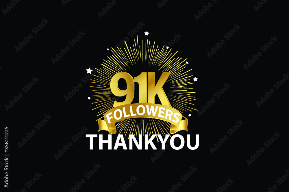 Naklejka premium 91k,91.000 Followers anniversary, minimalist logo years, jubilee, greeting card. invitation. Sign Ribbon Gold space vector illustration on black background - Vector