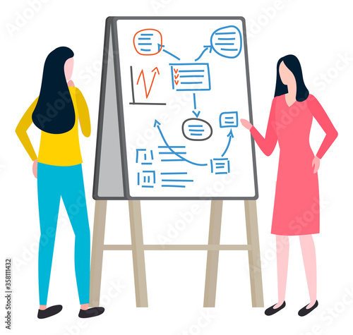 Women investigate market of goods, plan business issues on board with schemes and arrows. Writing financial plan, finance workers and information on desk