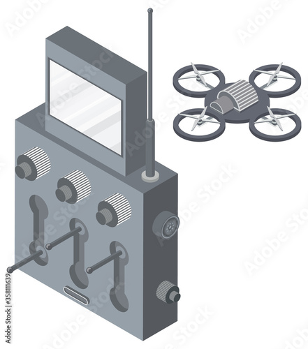 Drone with remote controller, wireless device with propellers, quadcopter symbol, aircraft with remotely radio controlled flying robots, discovery air robot for video and photo, multicopter vector