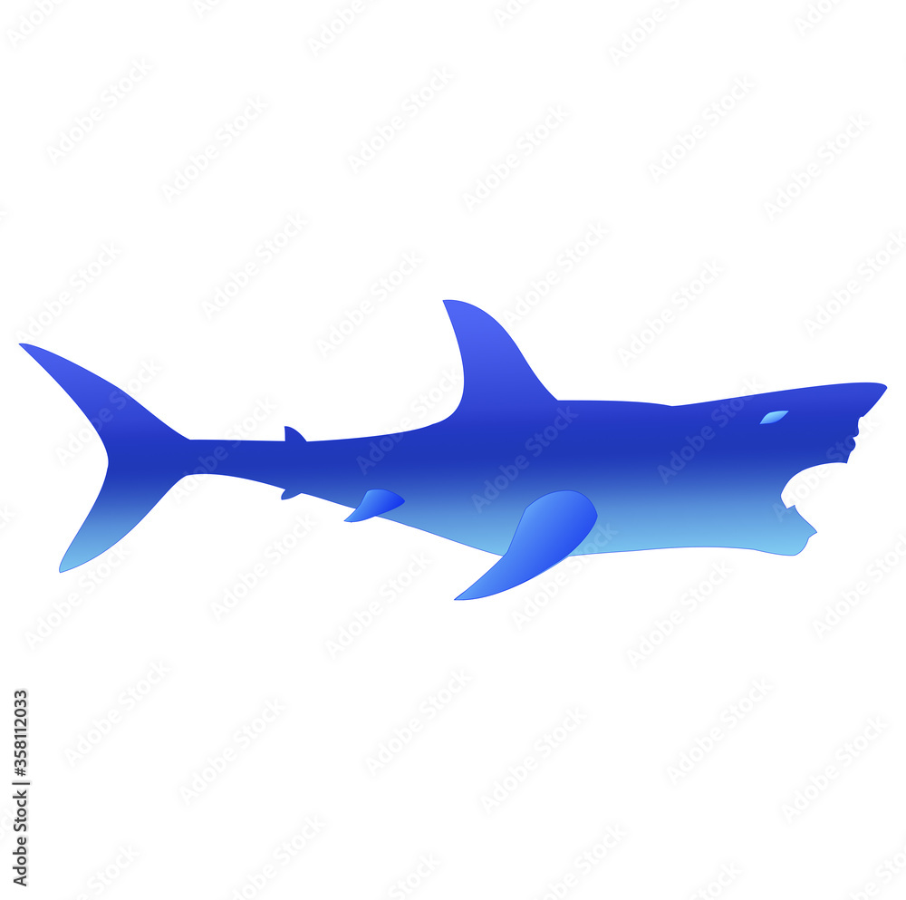 Shark with open mouth side view, made in balanced blue shades, located on a white background so it can be easily separated from the background. Shark with open mouth side view, made in balanced blue shades, located on a white background so it can be easily separated from the background.