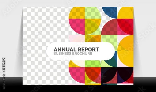 Horizontal A4 business flyer annual report template  circles and triangle style shapes modern geometric design for brochure layout  magazine or booklet