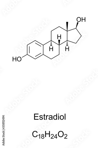 Estradiol. Structural formula. Oestradiol is an estrogen steroid hormone and major female sex hormone. Involved in regulation of estrous and menstrual female reproductive cycles. Illustration. Vector.