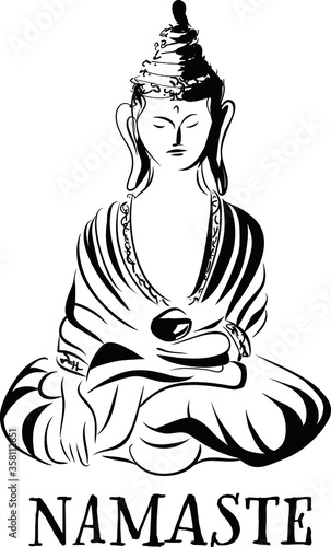 Black and white buddha artwork, dynamic vector illustration with namaste lettering, isolated on white background, set icon (ID: 358112851)