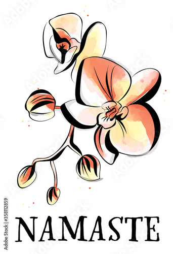 Colorful orange yellow blossom artwork, dynamic illustration with namaste lettering, isolated on white background, set icon (ID: 358112859)
