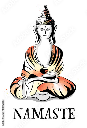 Colorful orange yellow buddha artwork, dynamic illustration with namaste lettering, isolated on white background, set icon (ID: 358112880)