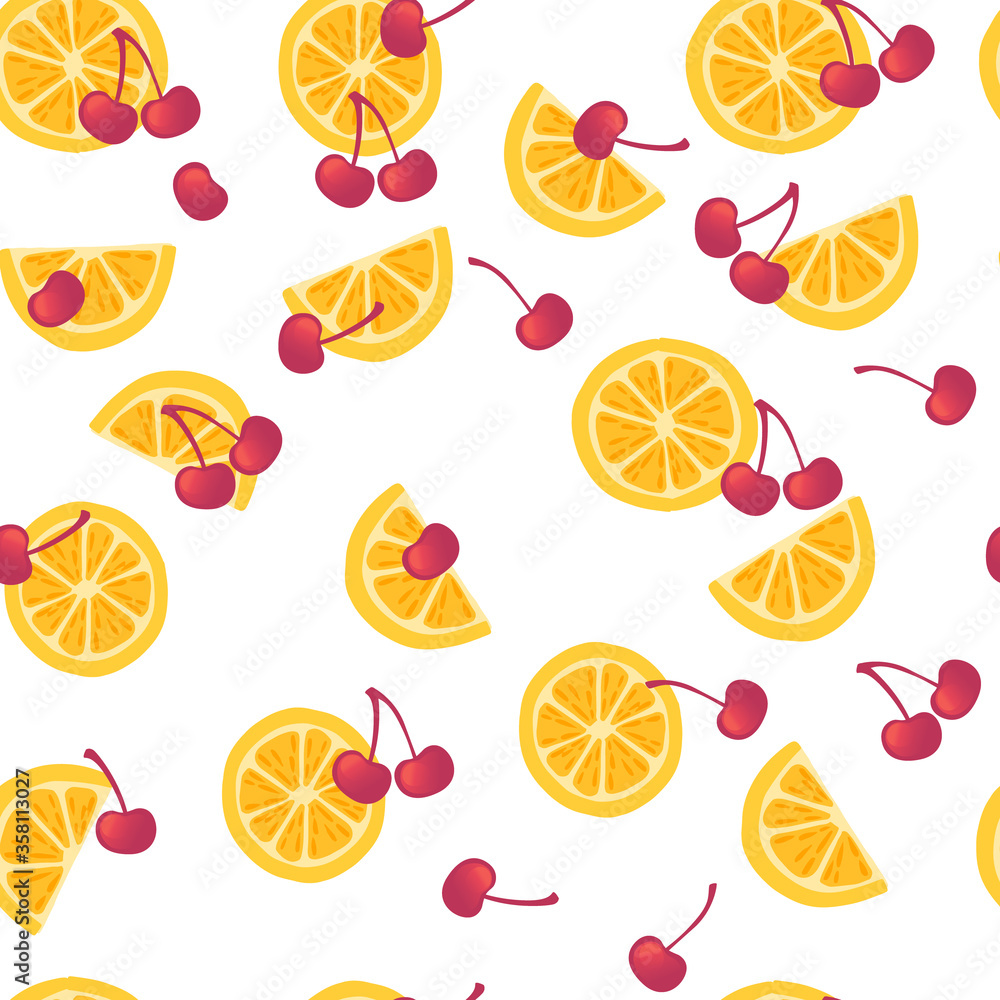 Seamless pattern of orange citrus fruit halved and sliced with red cherries berry flat vector illustration on white background