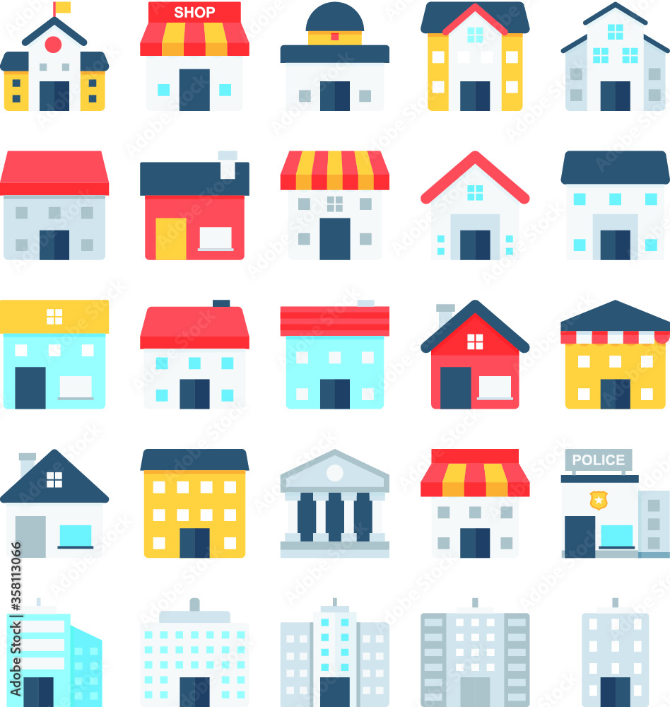 Buildings Colored Vector Icons Collection