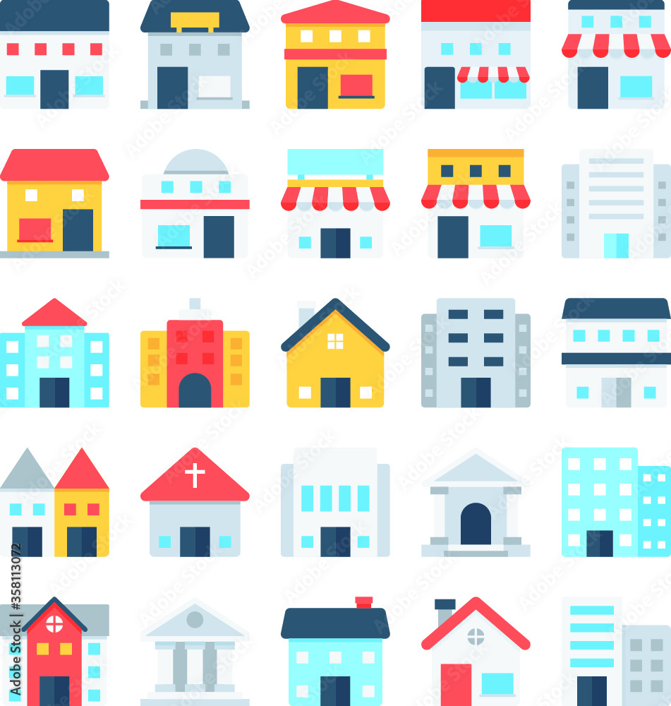 Colored Vector Icons Pack of Buildings