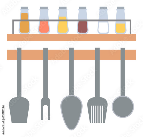 Kitchenware hanging on wall, spoon and fork, spatula cooking metal equipments, set of seasoning in glass, spice rack on shelf, silverware sign vector