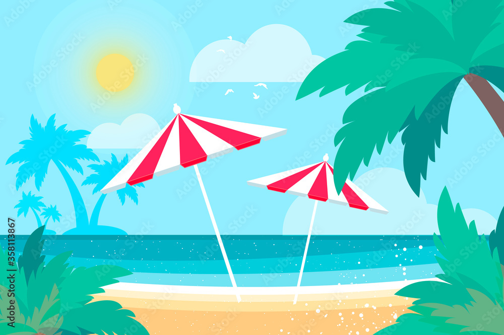 Parasols under the palm tree on Seashore. Time to travel. Tropical summer holidays. Seaside landscape. Flat.