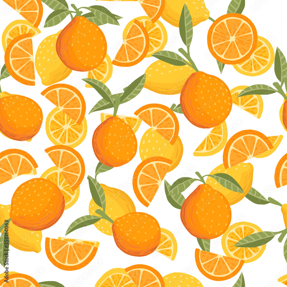Seamless pattern of orange citrus yellow fruit whole halved and sliced with green leaves flat vector illustration on white background Seamless pattern of orange citrus yellow fruit whole halved and sliced with green leaves flat vector illustration on white background