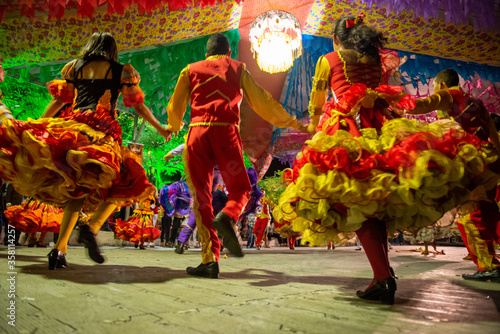 Traditional quadrilha dance in the street during the June festivities in Bananeiras, Paraiba, Brazil on June 23, 2015. 