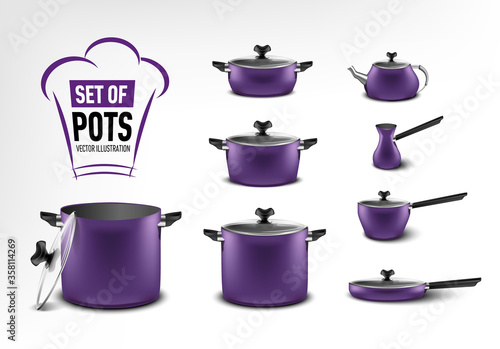 realistic set of purple kitchen appliances, pots of different sizes, coffee maker, turk, stewpan, frying pan, kettle 