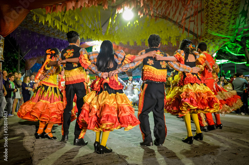 Traditional quadrilha dance in the street during the June festivities in Bananeiras, Paraiba, Brazil on June 23, 2015.
 photo