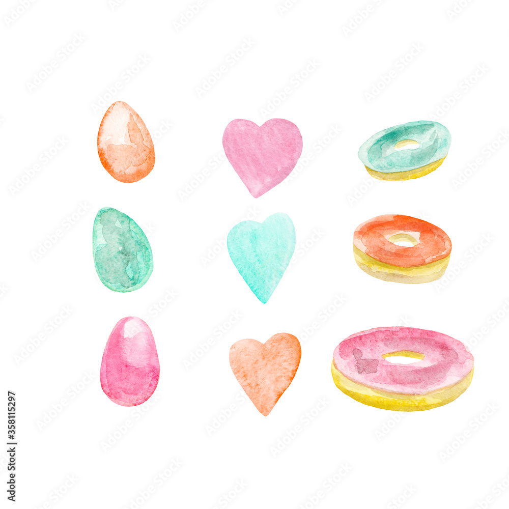 Set of hand drawn watercolor eggs, hearts,donuts isolated on white background. Set of hand drawn watercolor eggs, hearts,donuts isolated on white background.