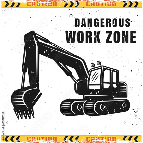 Excavator dangerous work zone vector illustration