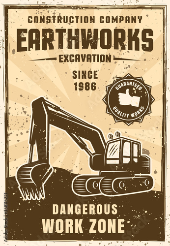 Earthworks vector vintage poster with excavator