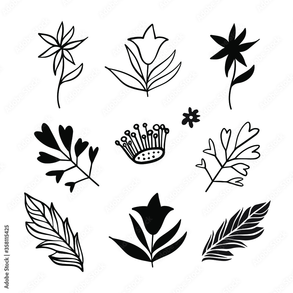 Isolated vector design set of decorative wild flowers. Black silhouettes and lined. The design is perfectly suitable for clothes design, children decoration, stickers, stationary, tattoos. Isolated vector design set of decorative wild flowers. Black silhouettes and lined. The design is perfectly suitable for clothes design, children decoration, stickers, stationary, tattoos.