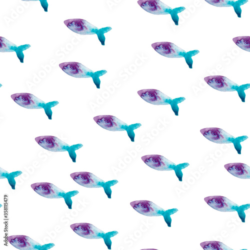 Light watercolor fishes on the white background. Seamlessly fish pattern.