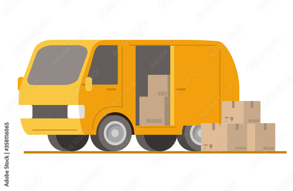 Delivery van and cardboard box.Shipping transport.Cargo truck.Vector illustration.