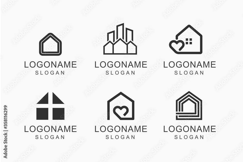 Realestate and building logo design, love house logo, line house logo with black white color Realestate and building logo design, love house logo, line house logo with black white color
