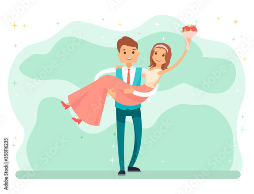 Wedding ceremony of bride and groom vector, lady wearing bridal dress and male in suit. Happy couple, man and woman celebrating special day in life