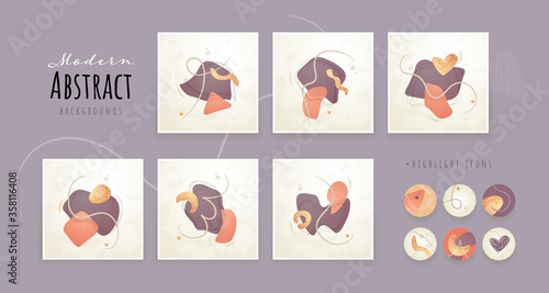 Set of Creative minimalist hand drawn abstract illustration. Modern abstract shapes in contemporary style for social banner background, stories post, postcard, flyer or brochure design.