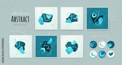 Set of Creative minimalist hand drawn abstract illustration. Modern abstract shapes in contemporary style for social banner background, stories post, postcard, flyer or brochure design.