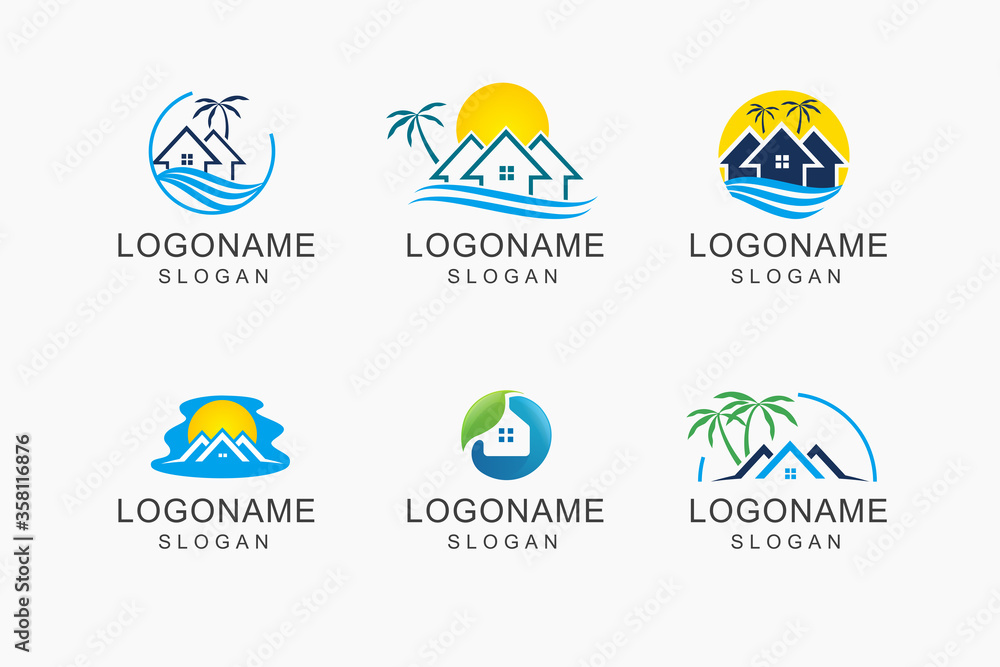 home realty with line, sun, coconut tree, palm , beach, and roof represented fun, unique and relax realty vector logo design