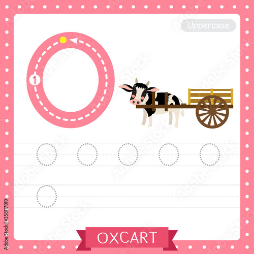 Letter O uppercase tracing practice worksheet of Oxcart