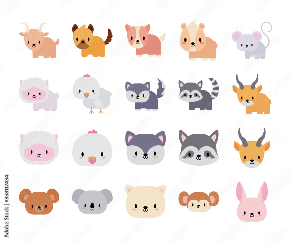 custom made wallpaper toronto digitalset of icons animals baby kawaii, flat style icon