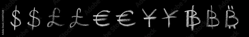Handwritten symbols of dollar, euro, yen, pound and bitcoin in chalk on a blackboard. Currency icons isolated on black background. Handwritten symbols of dollar, euro, yen, pound and bitcoin in chalk on a blackboard. Currency icons isolated on black background.