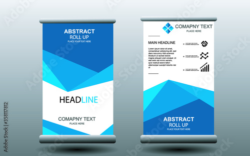 Blue roll up business banner design vertical template vector, cover presentation abstract geometric background, modern publication display and flag-banner, layout in rectangle.