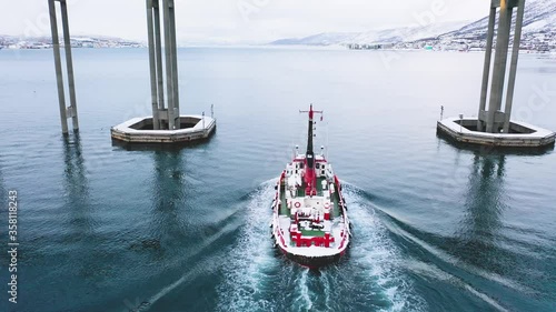 City of Tromso, Norway. Aerial Tromsø. Panoramic view. Bird's-eye view. Tromso in the winter. Winter Norway. Ship on the water. Port in Troms
