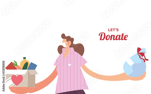 woman with mask and food to donation