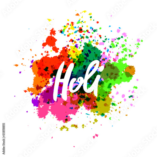 Vector illustration: Handwritten calligraphic brush stroke colorful acrylic paint lettering of Happy Holi