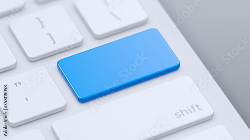 Modern keyboard with blank blue key to enter text or logo with copy space. 3d illustration.