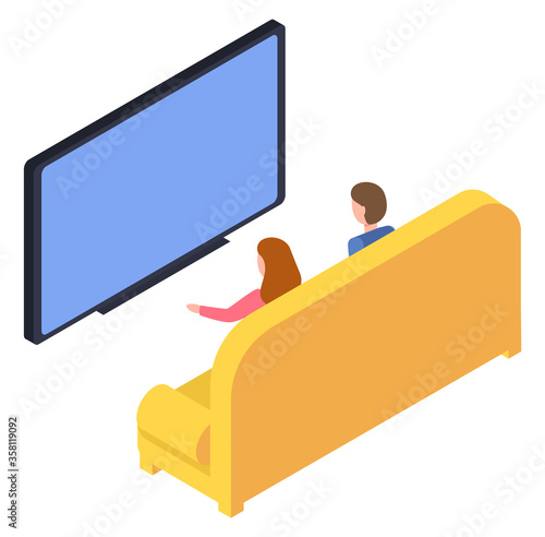 People at home spending spare time watching films and movies. Isolated man and woman, couple or friends looking at big plasma in front of furniture. Boyfriend and girlfriend vector in isometric