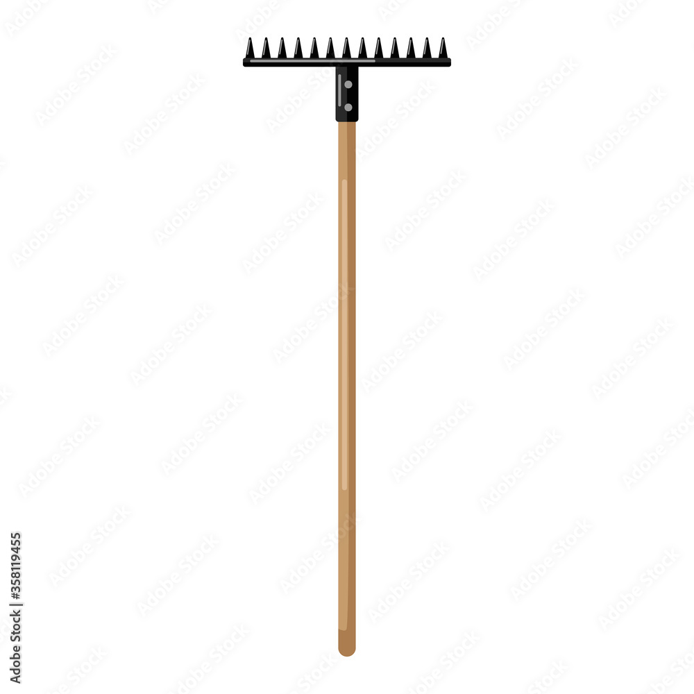 Rake on white background isolated. Metal rake with wooden hand in style flat. Garden tool Rake on white background isolated. Metal rake with wooden hand in style flat. Garden tool