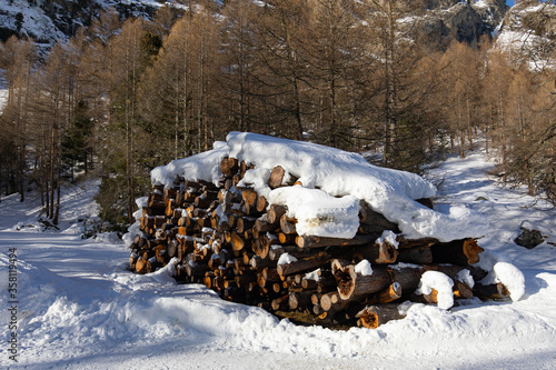 Schneebedeckter Holzstapel